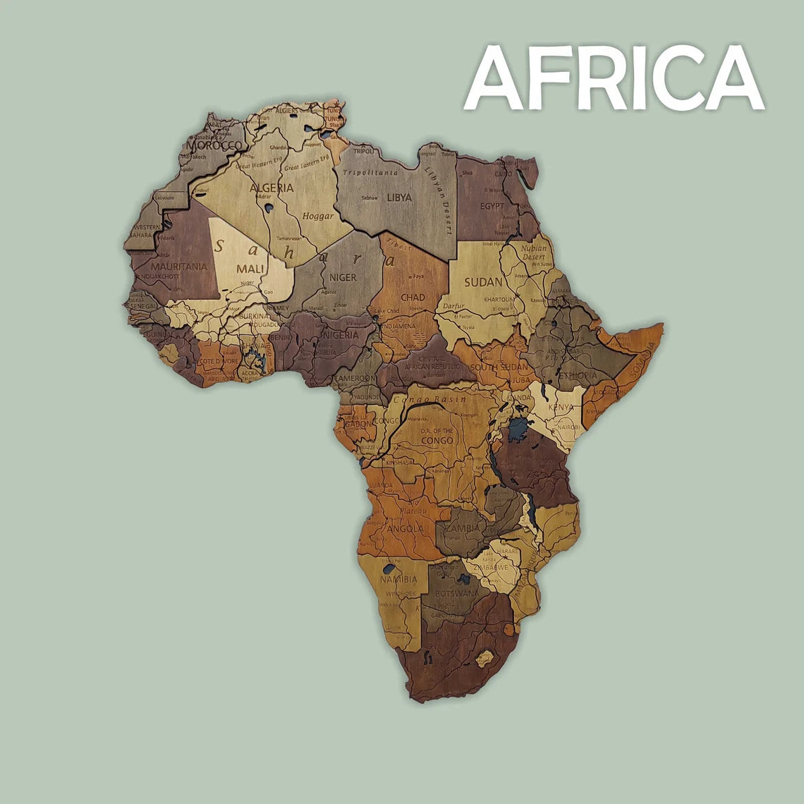 Wooden Africa Map, 3D Africa Map, Africa Travel Map, Detailed Africa Map