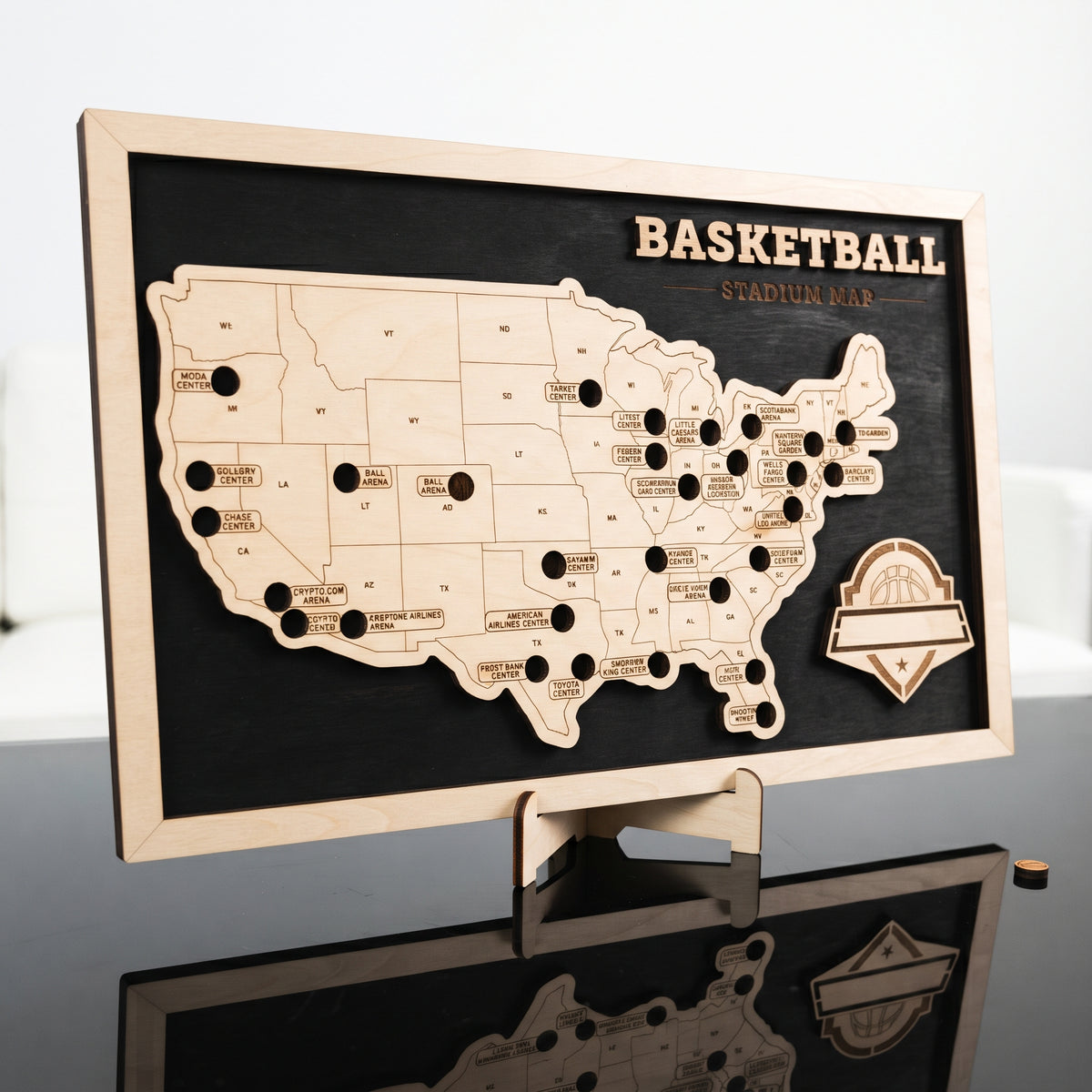 Wooden NBA map with stadium tracker for basketball fans