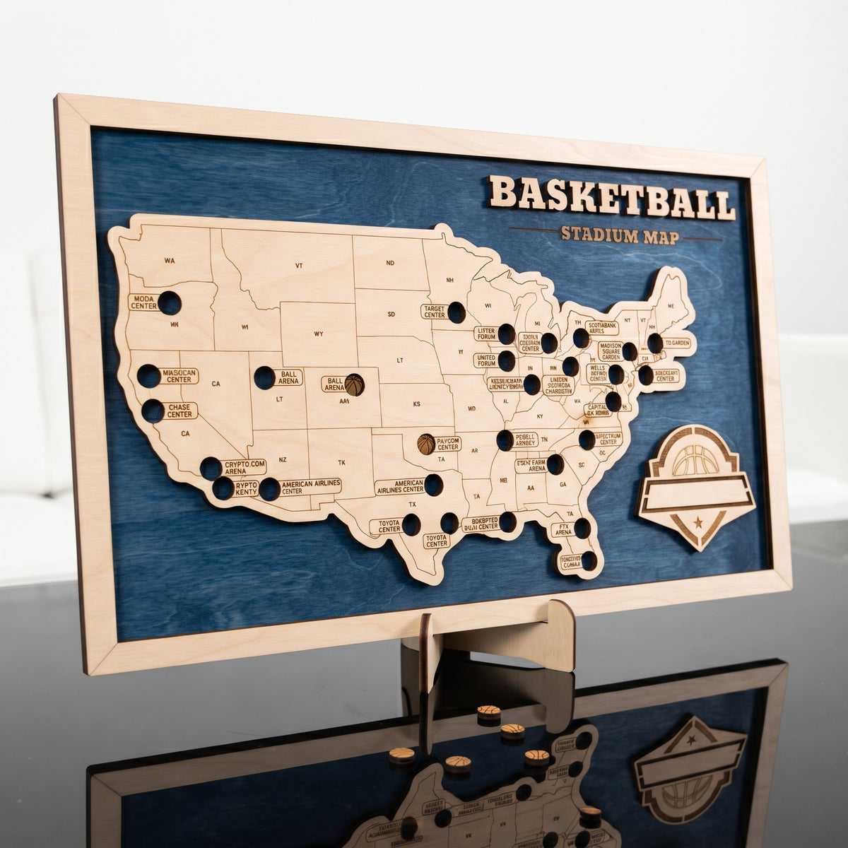 Wooden NBA map with stadium tracker for basketball fans