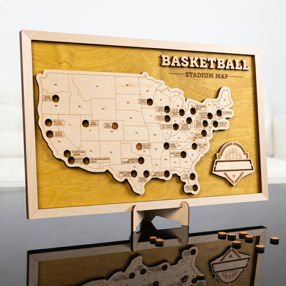 Wooden NBA map with stadium tracker for basketball fans