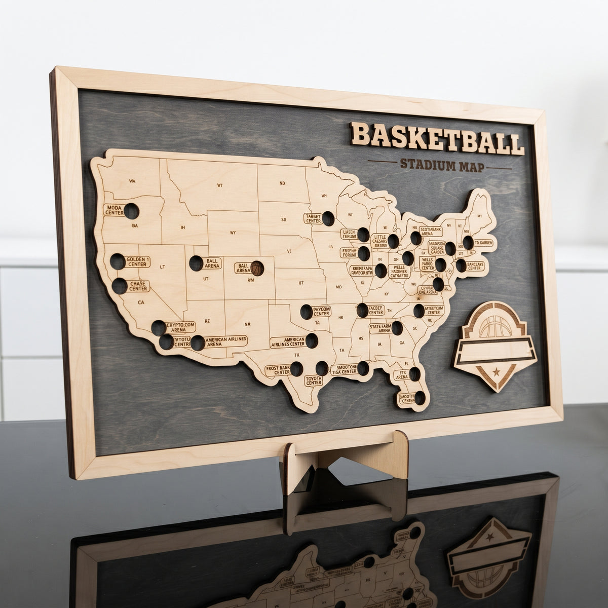 Wooden NBA map with stadium tracker for basketball fans