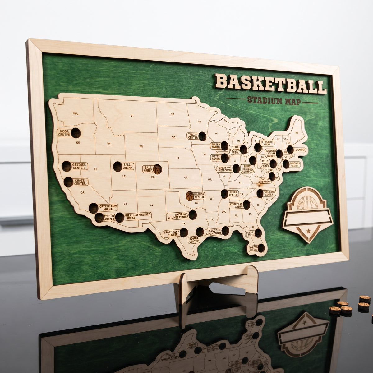 Wooden NBA map with stadium tracker for basketball fans