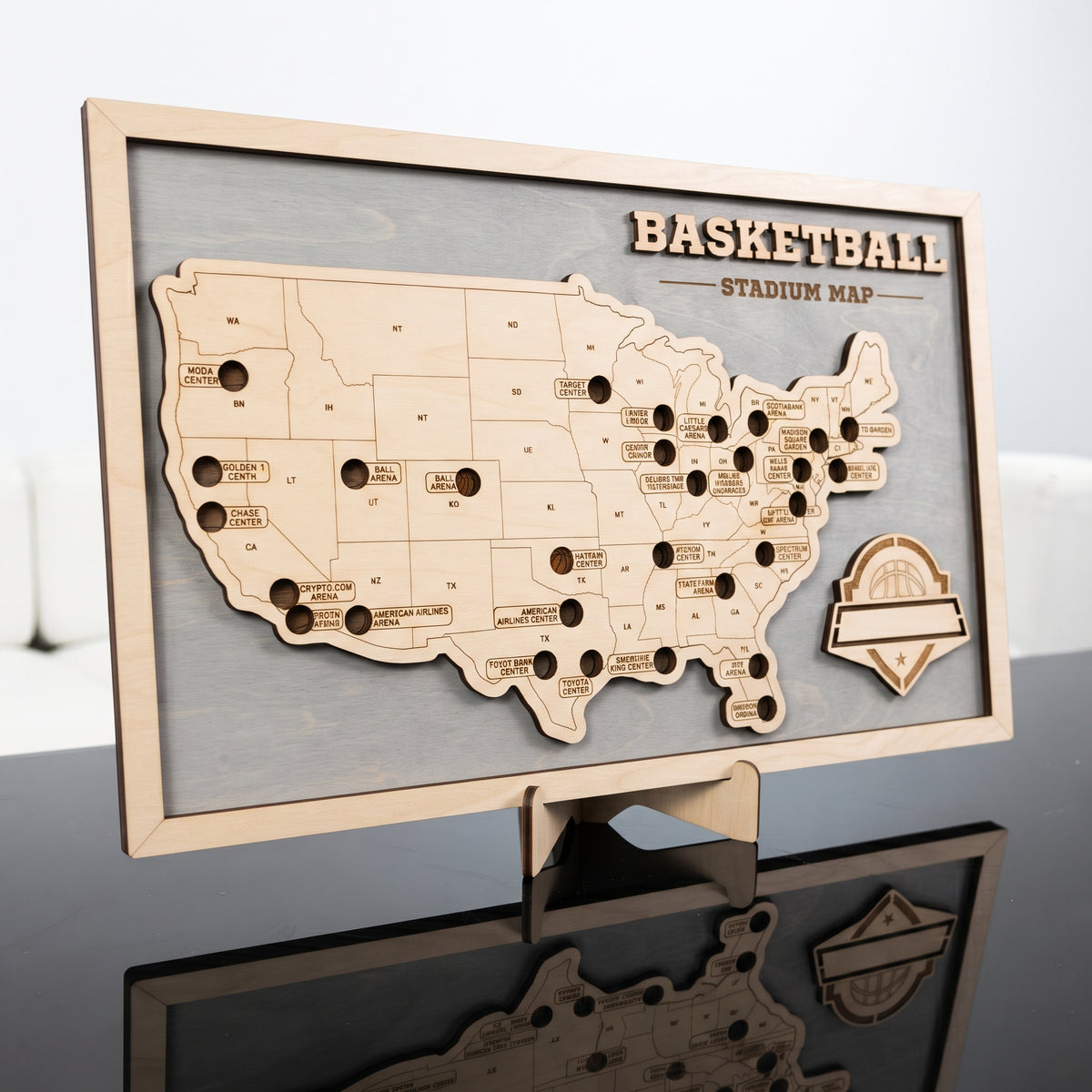 Wooden NBA map with stadium tracker for basketball fans