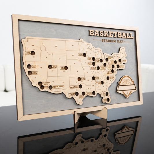 Wooden NBA map with stadium tracker for basketball fans