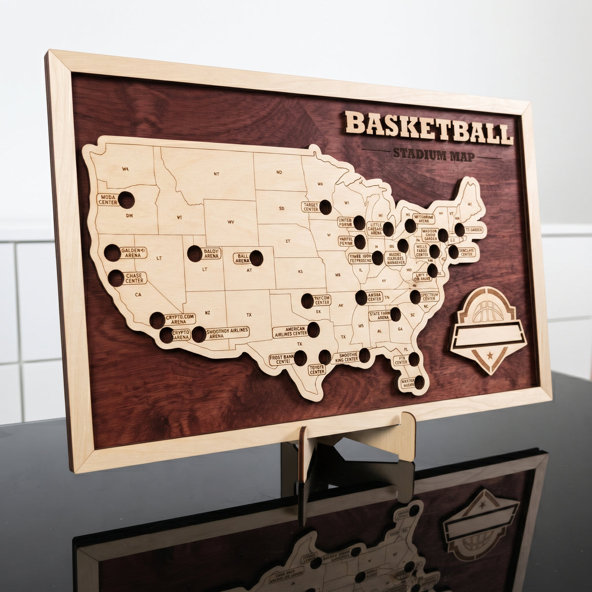 Wooden NBA map with stadium tracker for basketball fans