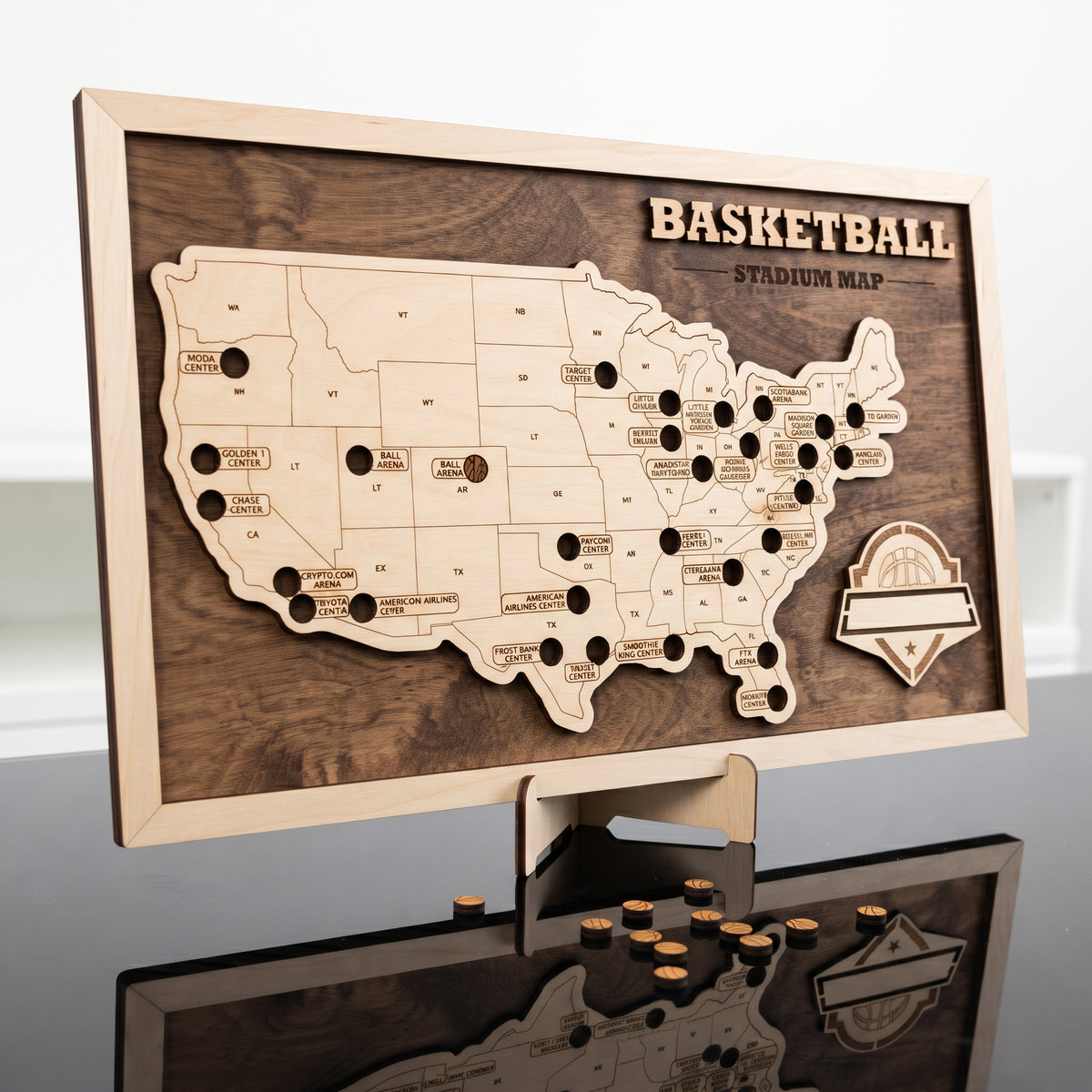 Wooden NBA map with stadium tracker for basketball fans