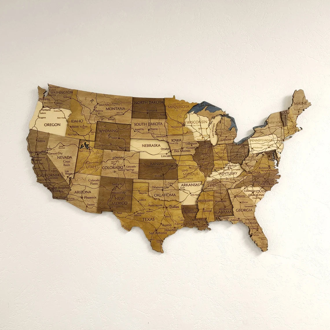 Wooden USA Map, 3D USA Map, USA Travel Map, Detailed USA Map, Push Pin Map