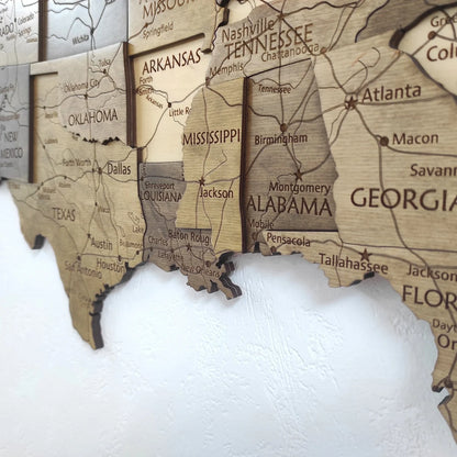 Wooden USA Map, 3D USA Map, USA Travel Map, Detailed USA Map, Push Pin Map