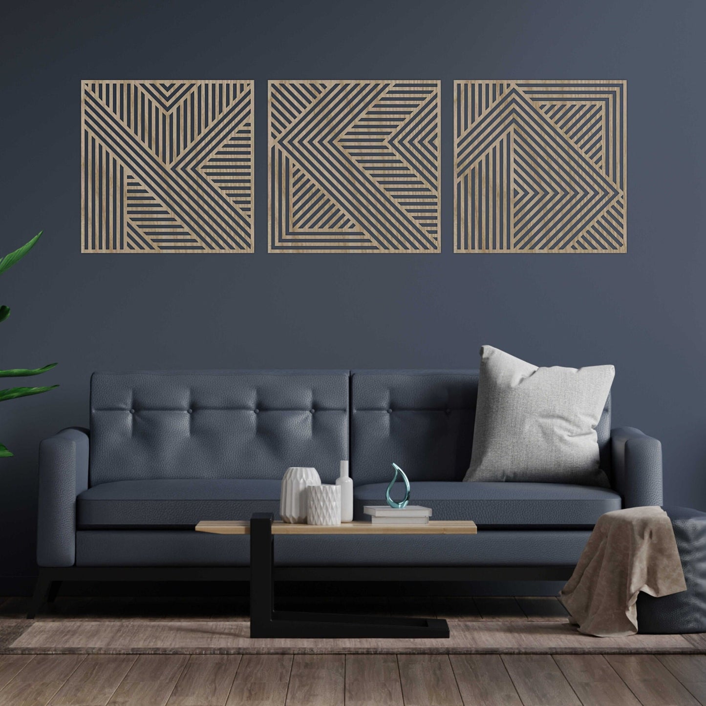 Wood Wall Art Set of 3 Geometric Wood Lines Panel