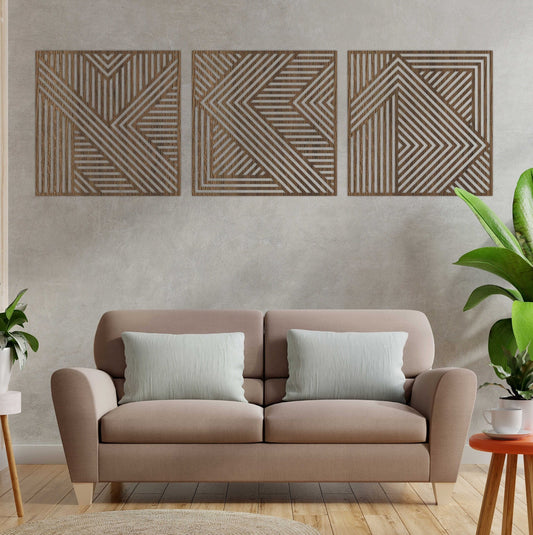 Wood Wall Art Set of 3 Geometric Wood Lines Panel