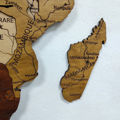 Wooden Africa Map, 3D Africa Map, Africa Travel Map, Detailed Africa Map