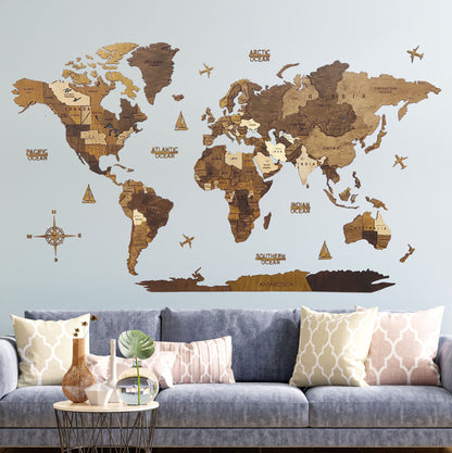 Wooden World Map, 3D World Map, World Travel Map, Detailed World Map