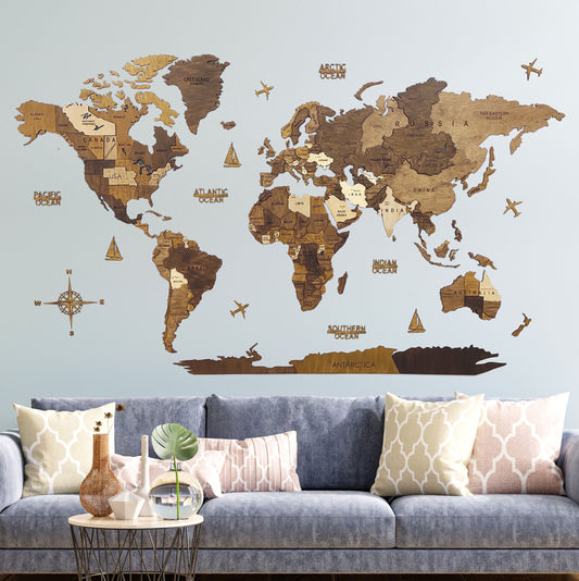 Wooden World Map, 3D World Map, World Travel Map, Detailed World Map