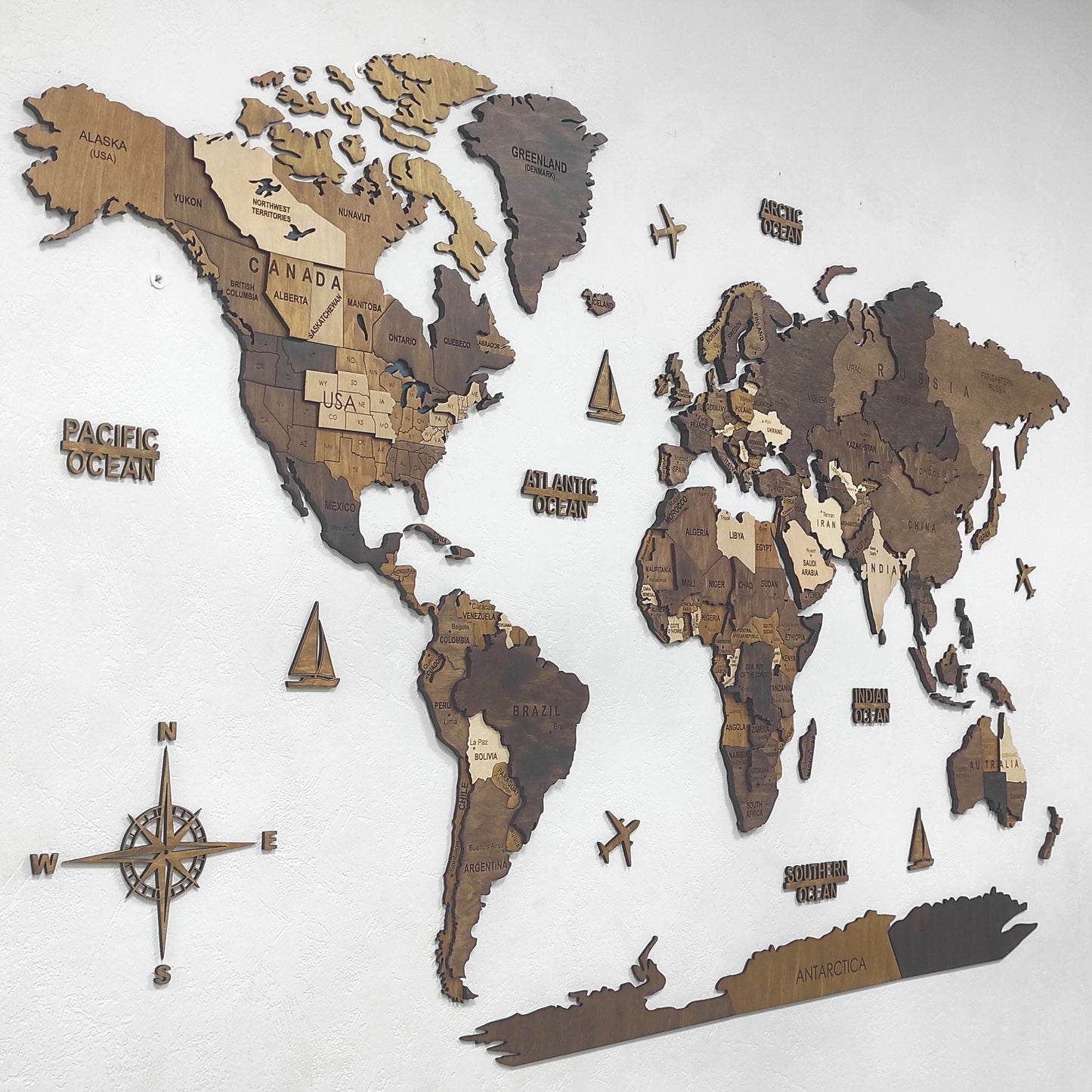 Wooden World Map, 3D World Map, World Travel Map, Detailed World Map