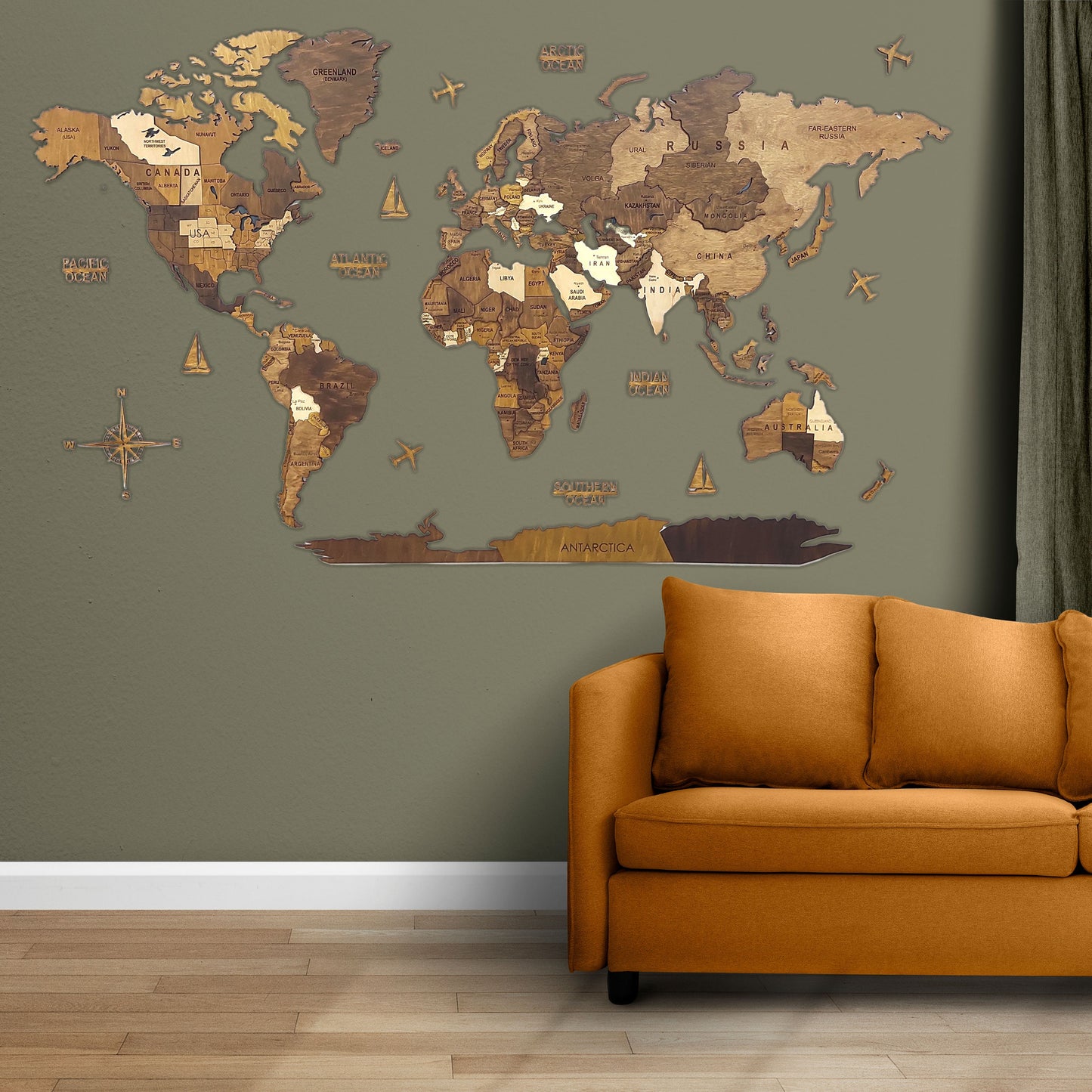 Wooden World Map, 3D World Map, World Travel Map, Detailed World Map