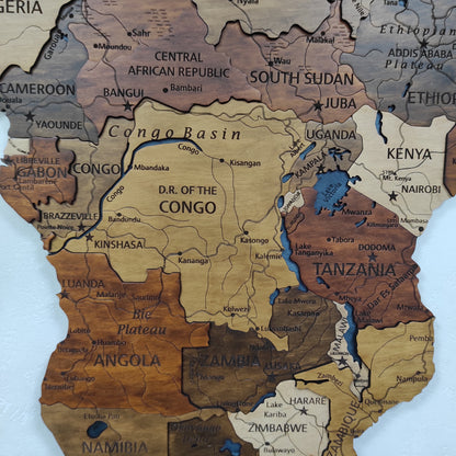 Wooden Africa Map, 3D Africa Map, Africa Travel Map, Detailed Africa Map