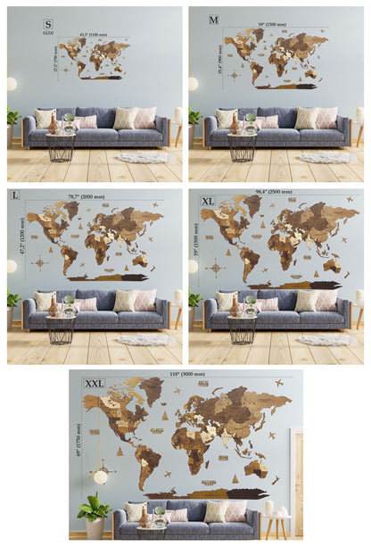 Wooden World Map, 3D World Map, World Travel Map, Detailed World Map